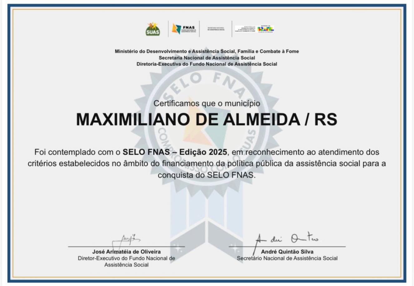 Maximiliano de Almeida conquista Selo FNAS e tem gestão da assistência social reconhecida